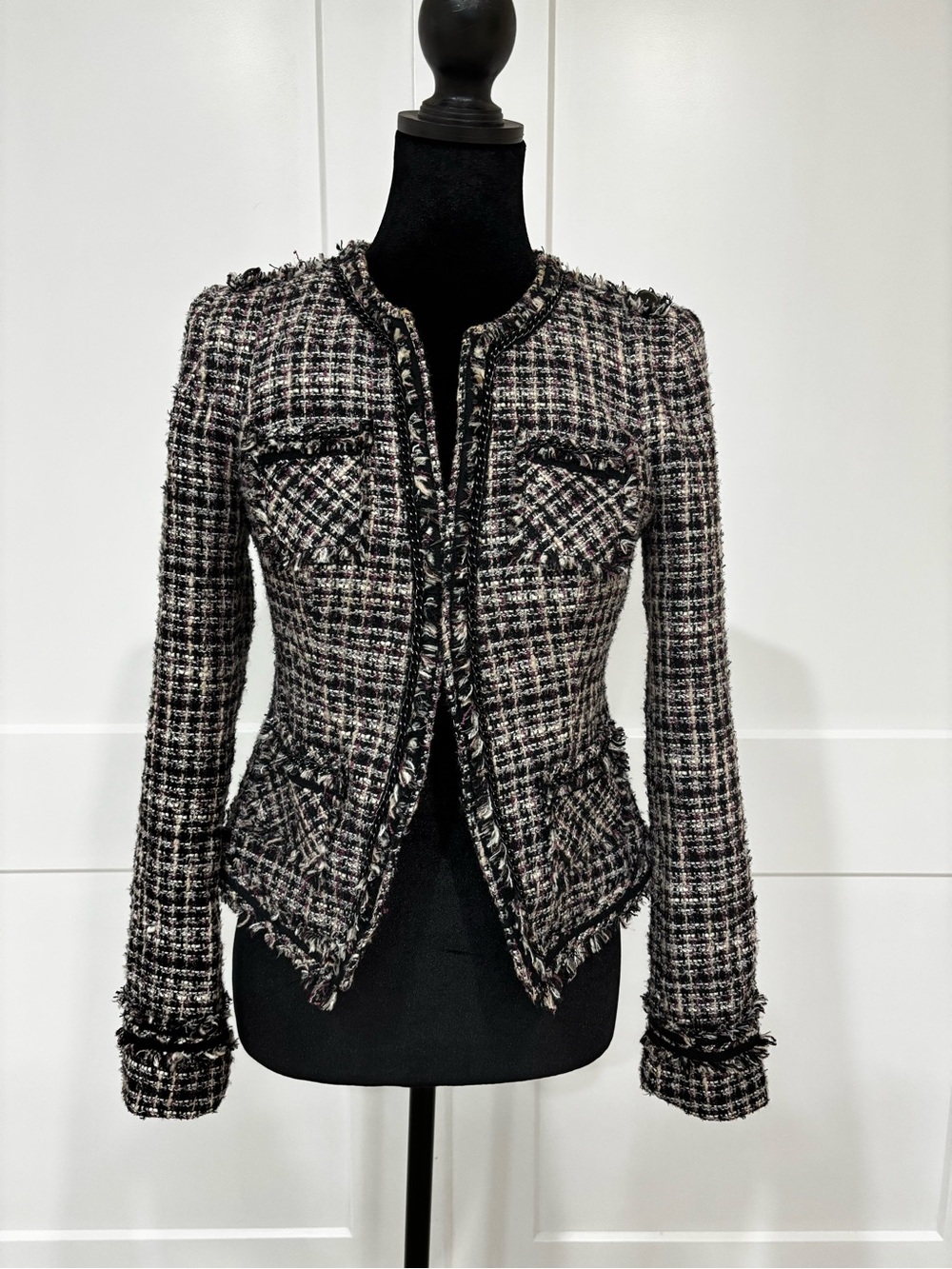 White House Black Market Black, Cream & Purple Tweed Fringed Jacket